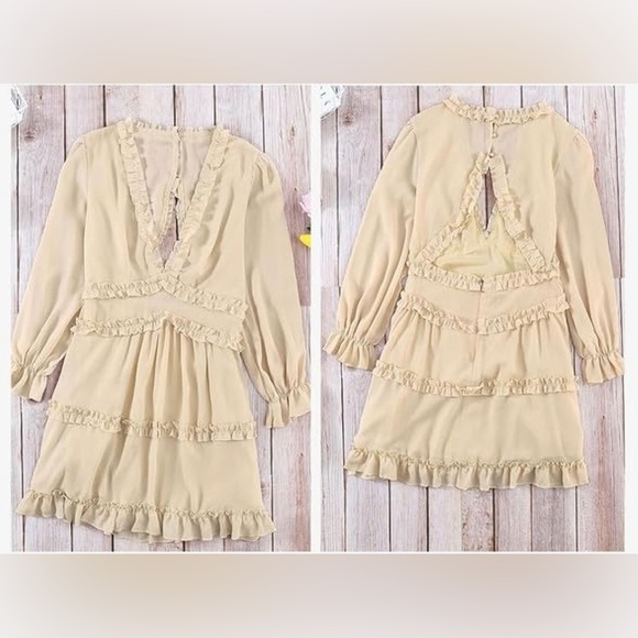 Beige Deep V Neck Ruffle Long Sleeve Floral Print Mini Dress Size XL - Picture 5 of 13